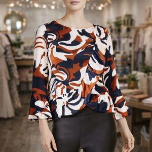 BAR III NAVY PRINTED RUFFLED BELL SLEEVES BLOUSE